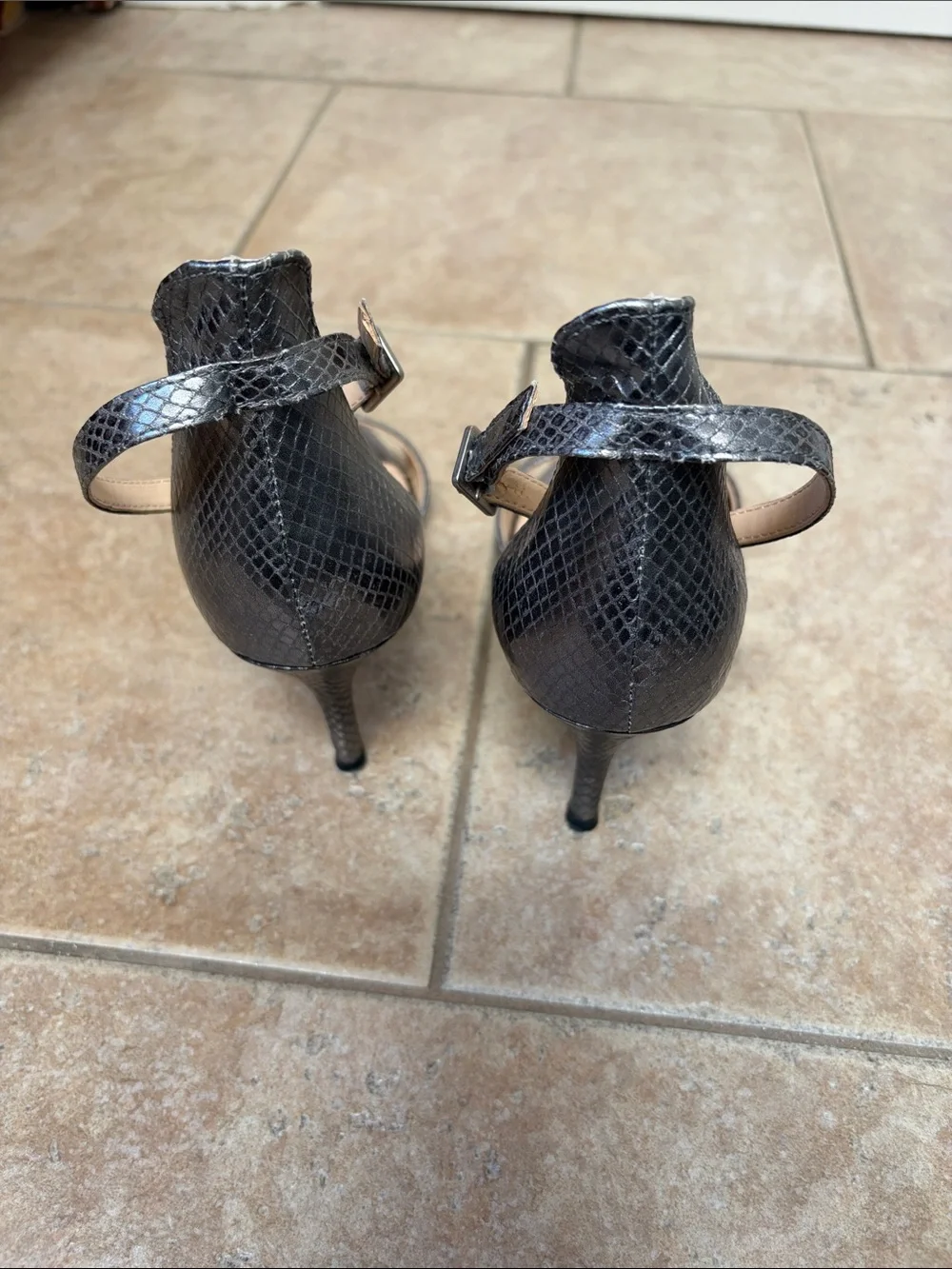 bp Silver/Bronze Metallic Snake-Embossed Ankle Strap Heels. Size 7M